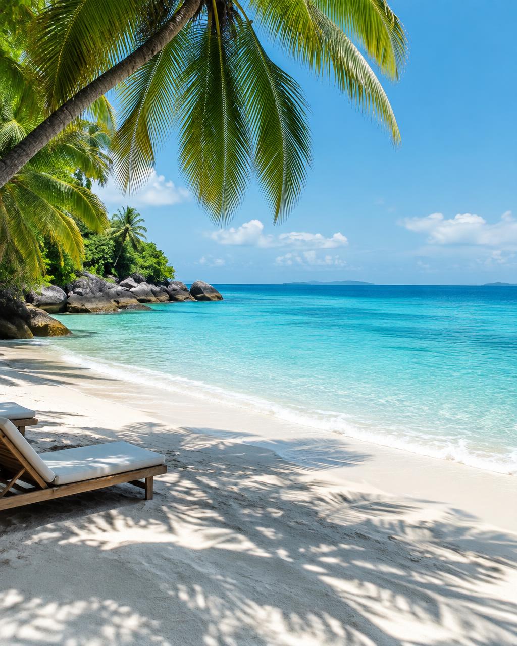 Quiet tropical beach with turquoise water and palm shade