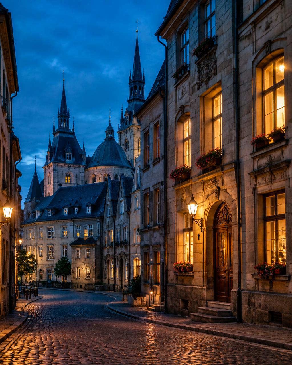 Historic European city street lit at blue hour