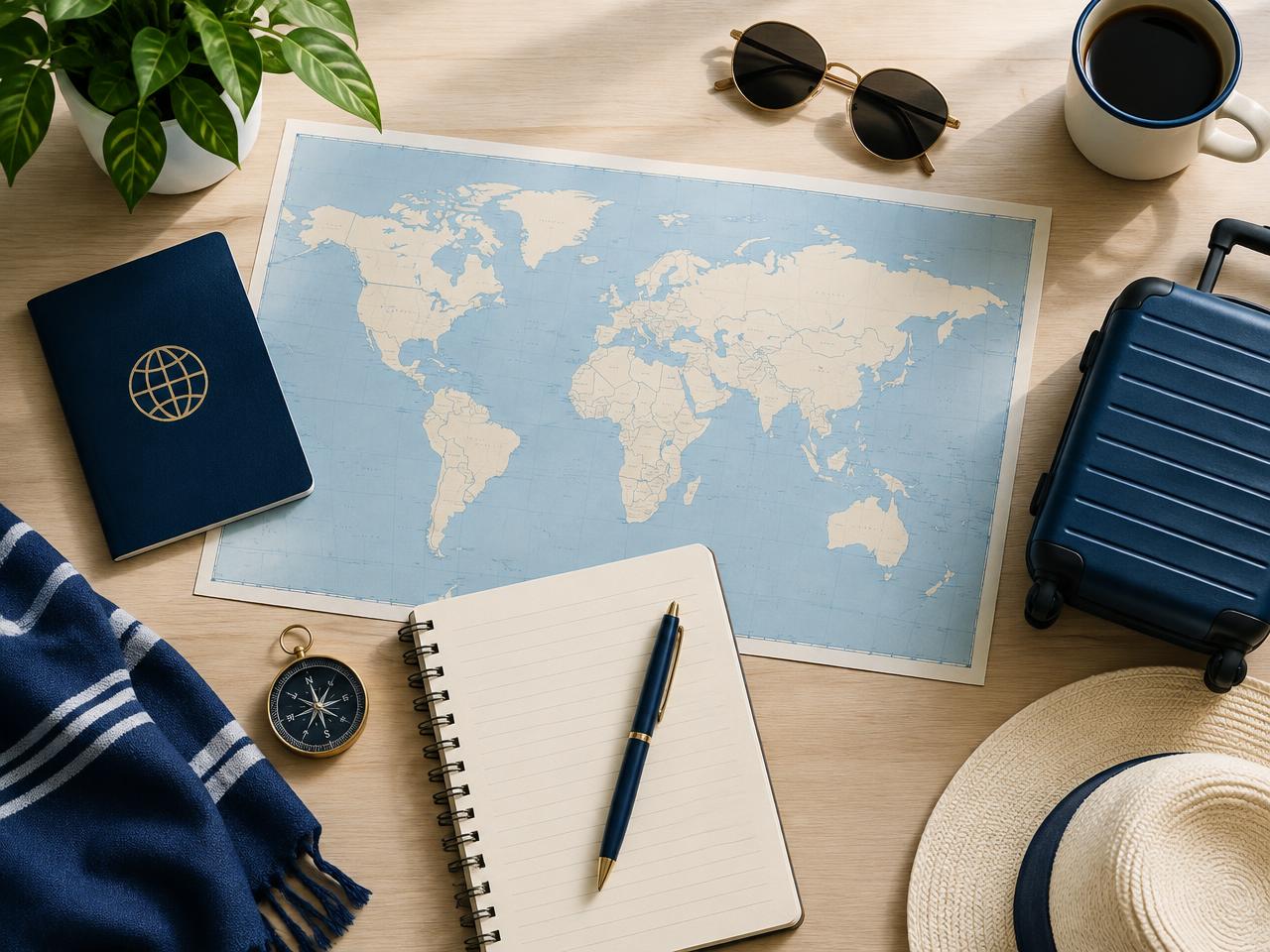 Travel planning desk with a paper world map, passport, notebook and a small suitcase